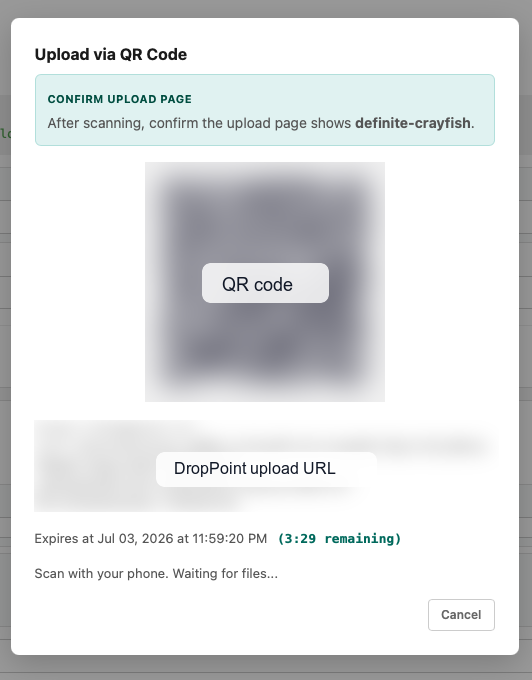 DropPoint QR-code upload dialog with the QR code and URL blurred