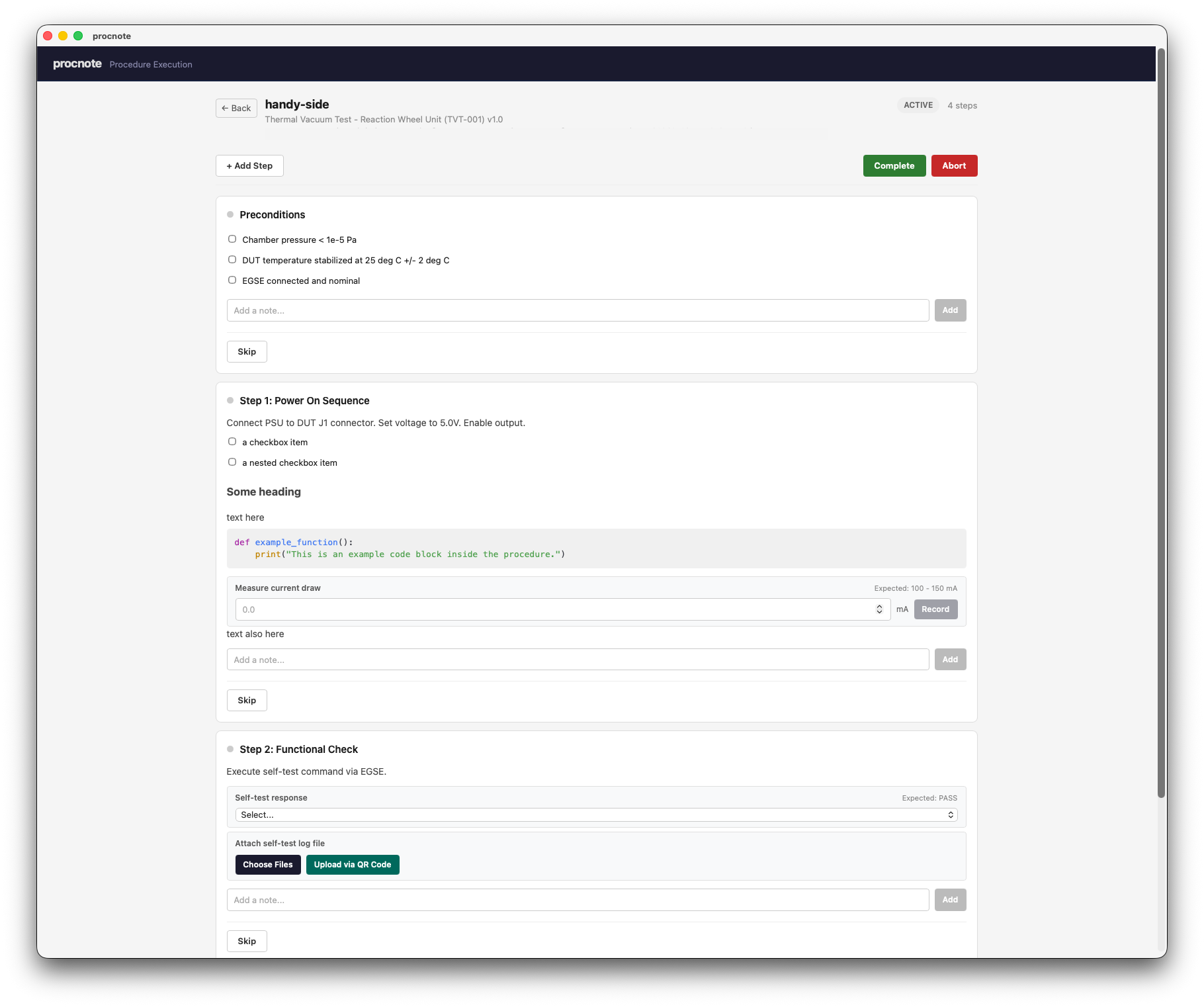 Procnote execution page showing procedure steps, checkboxes, inputs, notes, and attachment upload controls